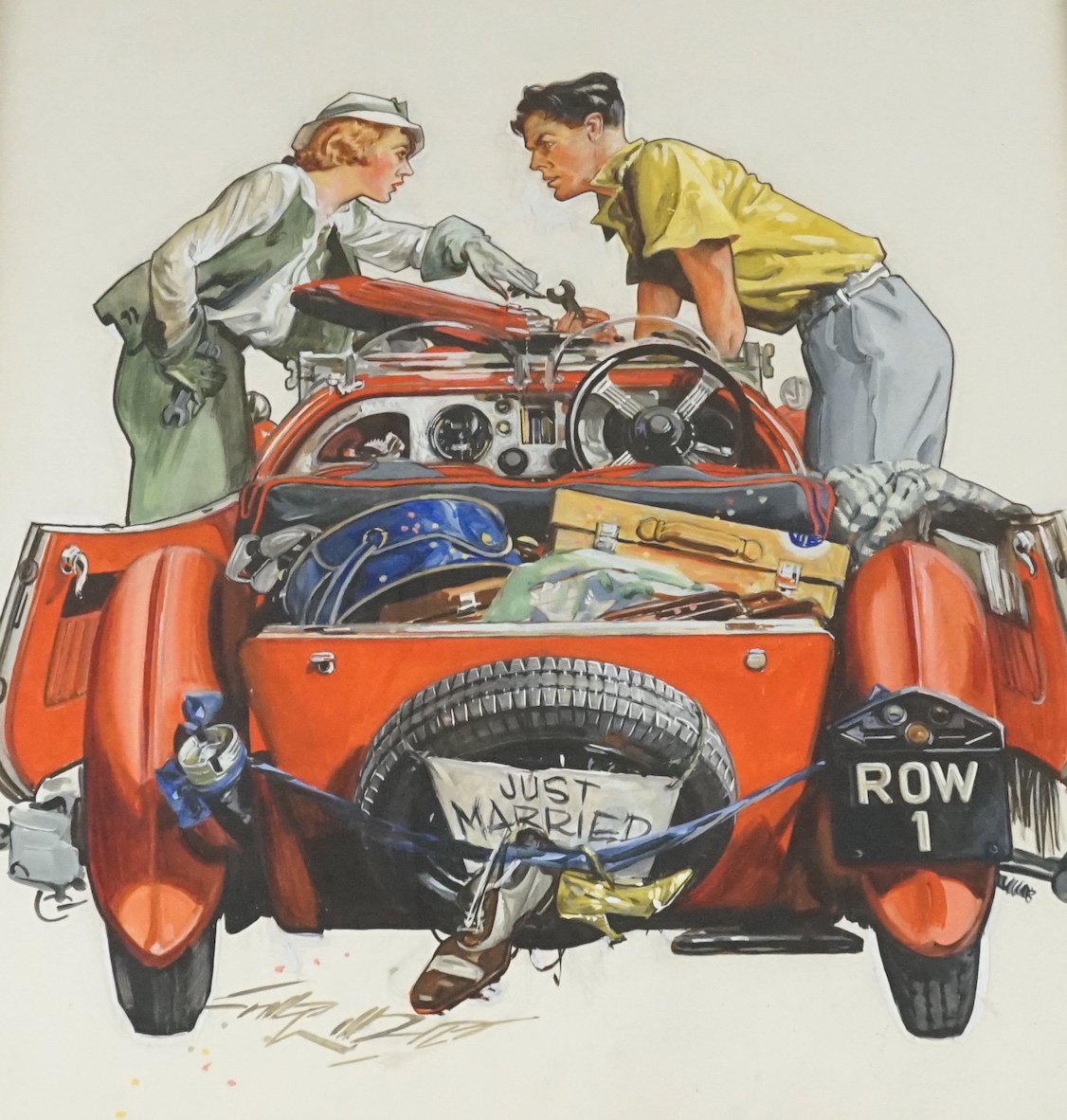 Gilbert Wilkinson (1891-1965), gouache and watercolour, 'Just Married - Row 1', signed, together with related ephemera, 37 x 32cm